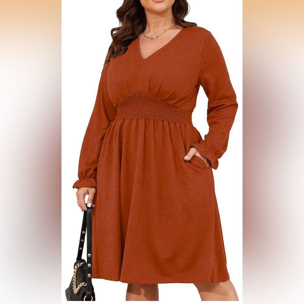 NWOT 4 XL Dress Long Sleeve Dress Casual V Neck Waist A Line Knee Length